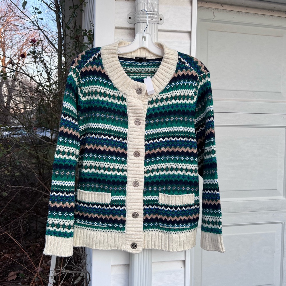 NWT Talbots Cozy Navy Green Gold Pattern Stripe Cream Trim Thick Cardigan
